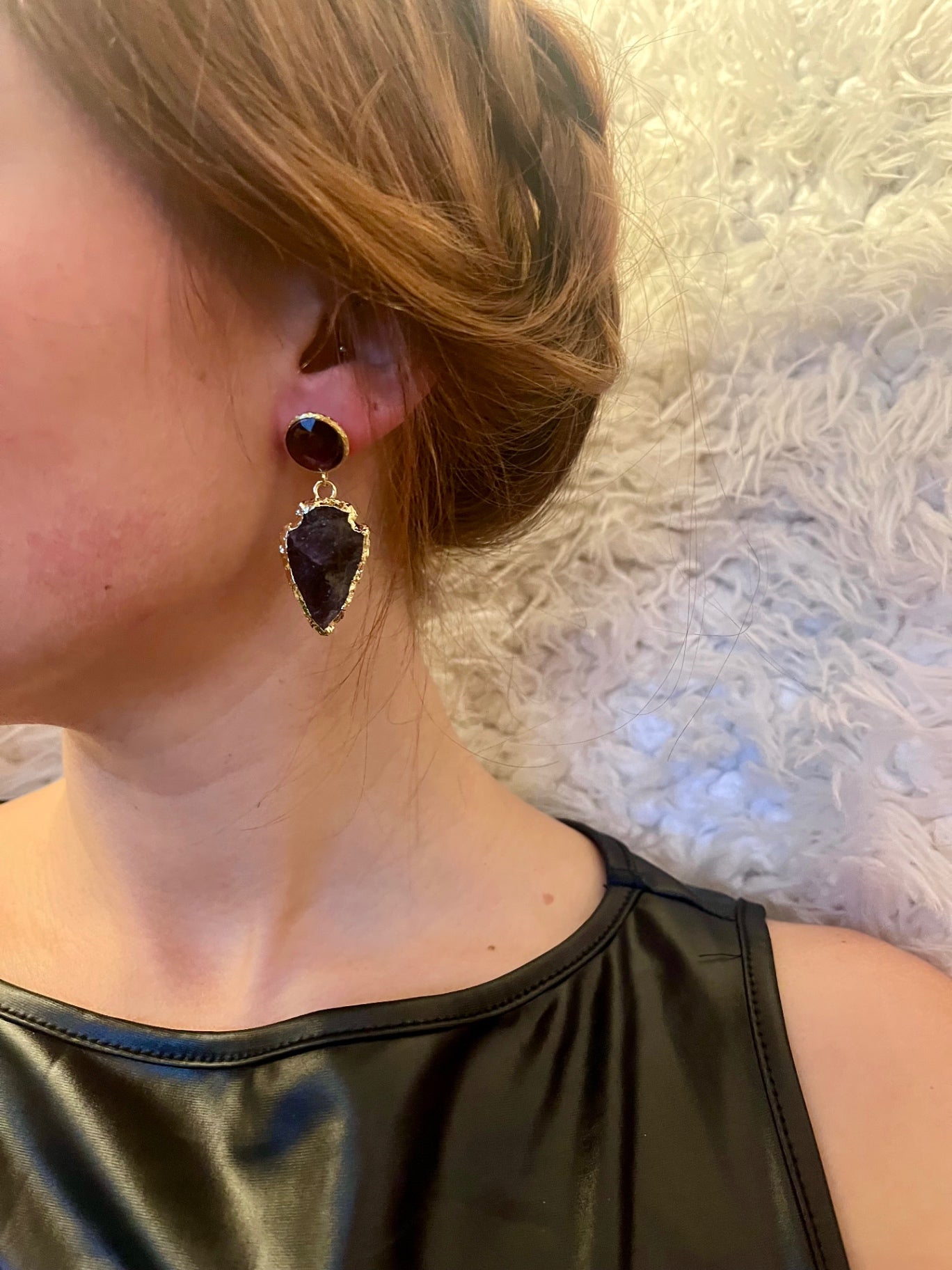Amethyst Arrowhead Drop Earrings – Gold Edge Statement Crystal