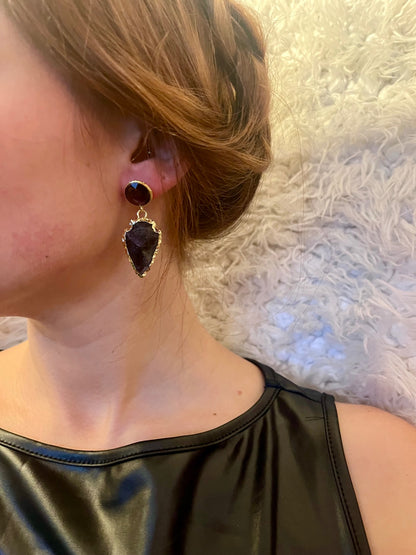 Amethyst Arrowhead Drop Earrings – Gold Edge Statement Crystal