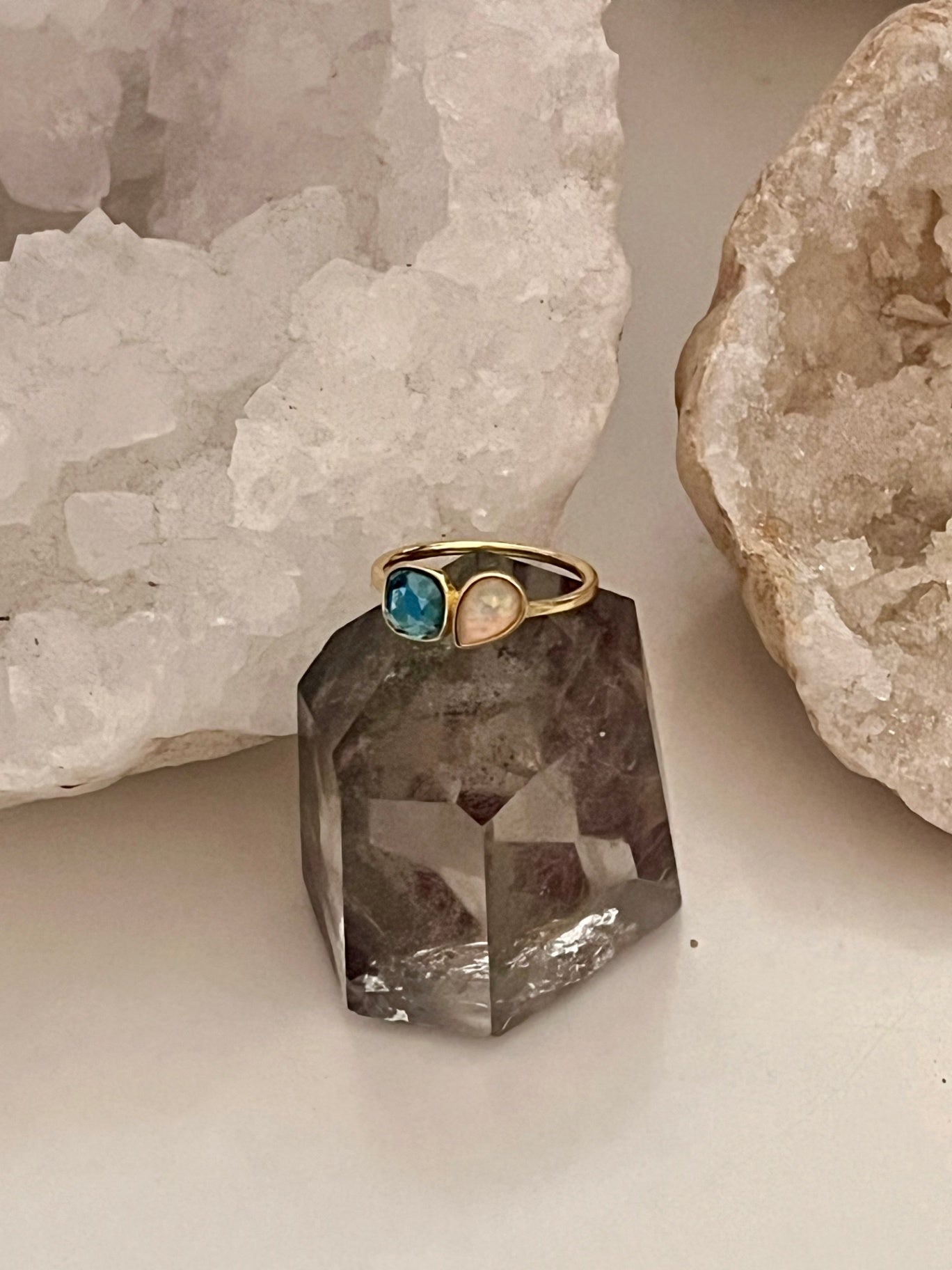 🌙 London Blue Topaz & Ethiopian Opal Gold Ring – Dual Crystal Intention Ring
