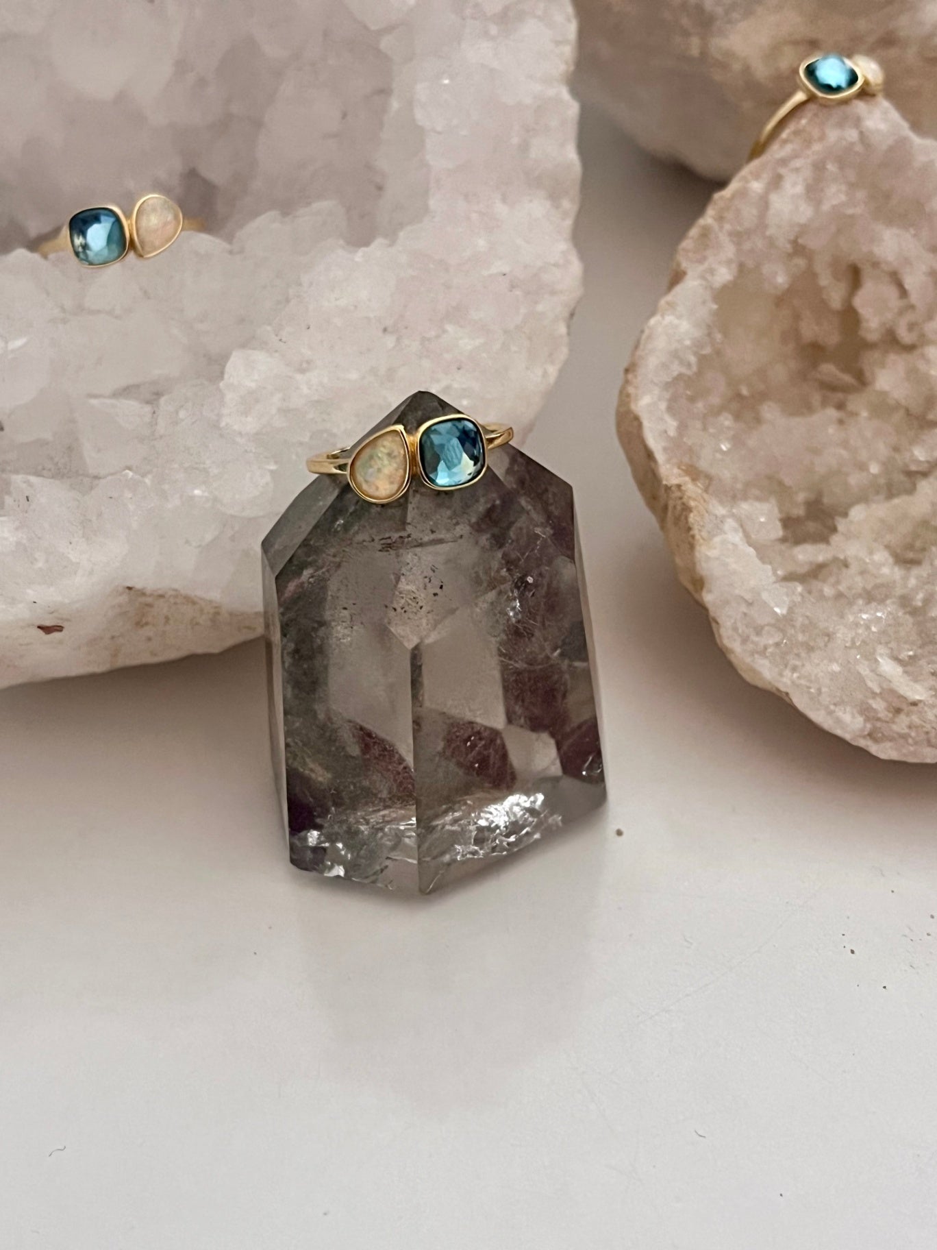 🌙 London Blue Topaz & Ethiopian Opal Gold Ring – Dual Crystal Intention Ring