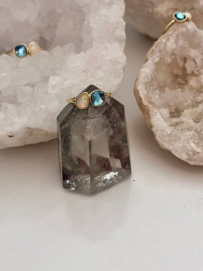 🌙 London Blue Topaz & Ethiopian Opal Gold Ring – Dual Crystal Intention Ring