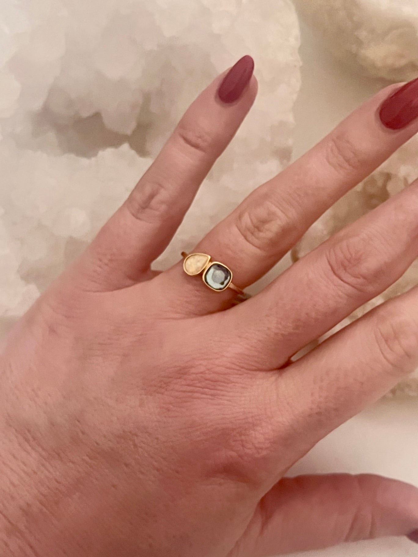 🌙 London Blue Topaz & Ethiopian Opal Gold Ring – Dual Crystal Intention Ring