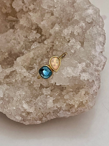 🌙 London Blue Topaz & Ethiopian Opal Gold Ring – Dual Crystal Intention Ring