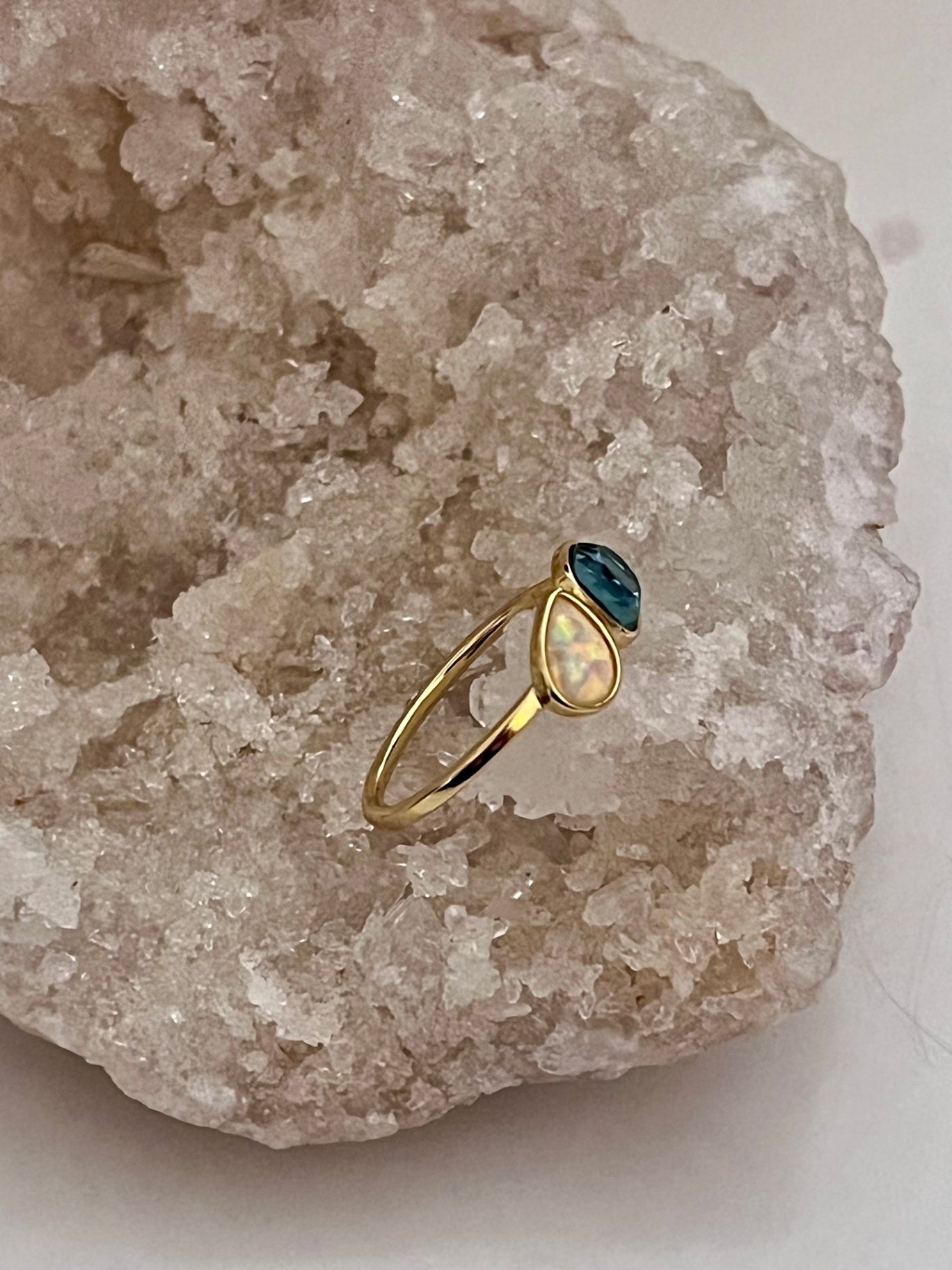 🌙 London Blue Topaz & Ethiopian Opal Gold Ring – Dual Crystal Intention Ring