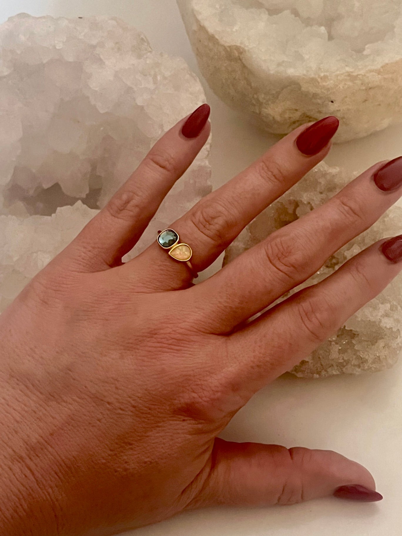 🌙 London Blue Topaz & Ethiopian Opal Gold Ring – Dual Crystal Intention Ring