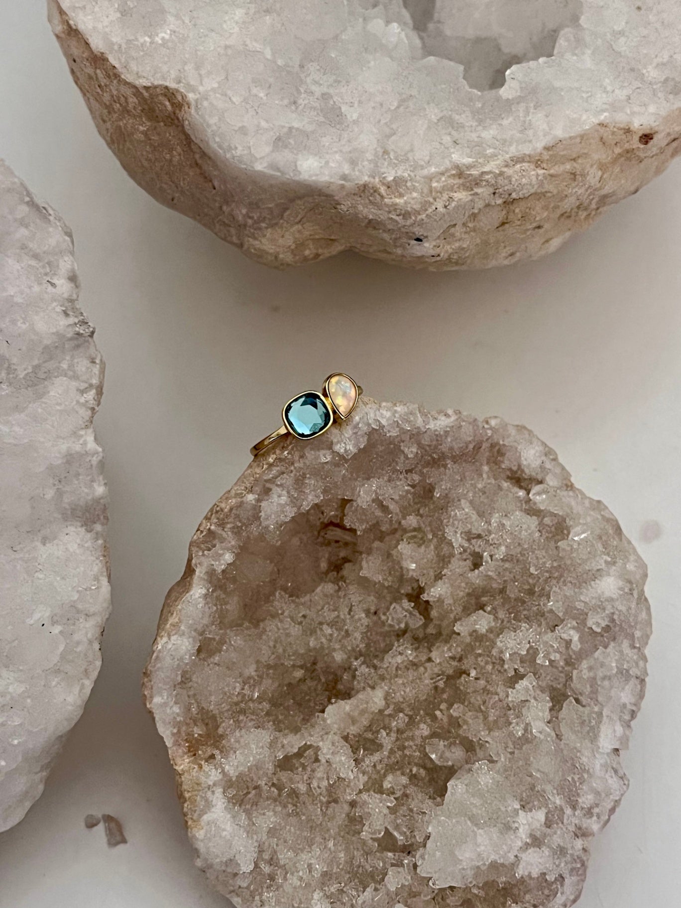 🌙 London Blue Topaz & Ethiopian Opal Gold Ring – Dual Crystal Intention Ring