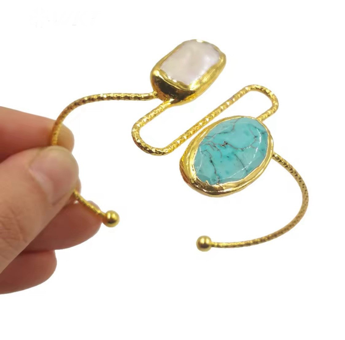 Golden Turquoise & Biwa Pearl Cuff Bracelet – Unique Stone Jewellery
