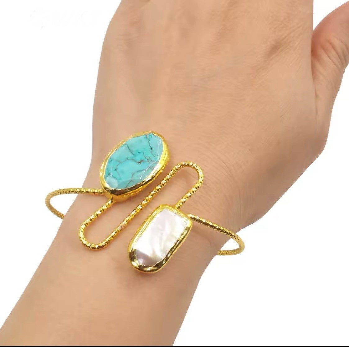 Golden Turquoise & Biwa Pearl Cuff Bracelet – Unique Stone Jewellery