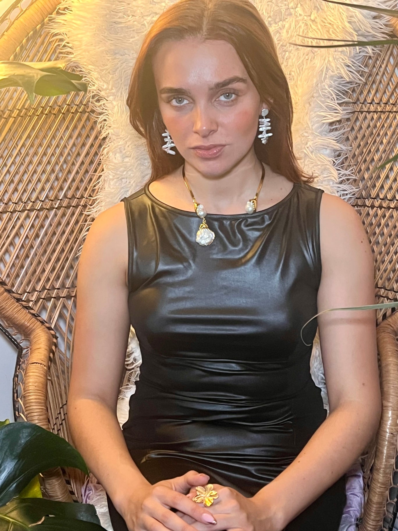 Golden Biwa Pearl Collar Necklace – Celestial Amulet Choker