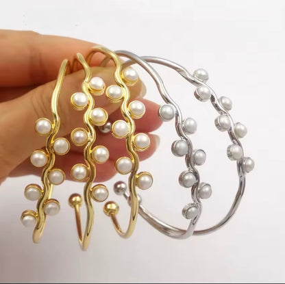 🌊 Silver Freshwater Pearl Adjustable Cuff Bracelet