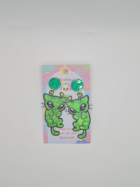 green alien cat earrings