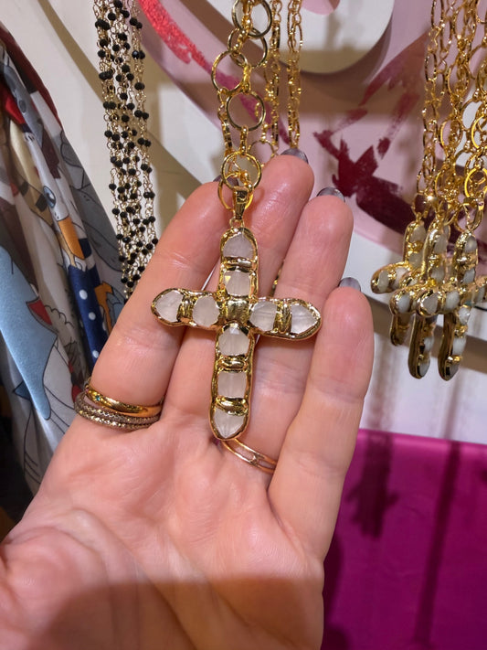 Celeste Cross Necklace – White Quartz & Gold Chain | The Moon Coven