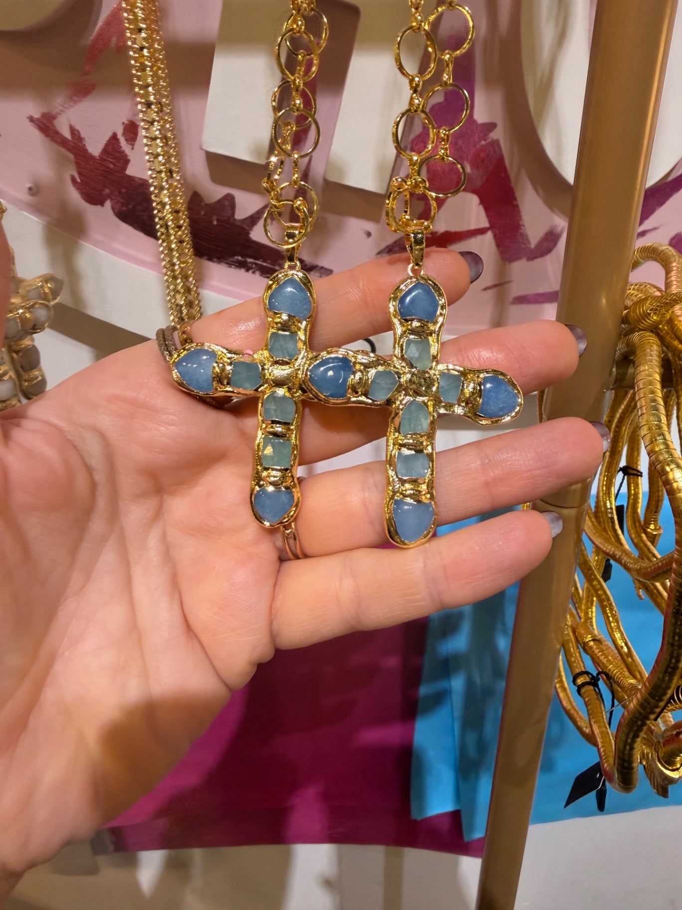 Celeste Cross Necklace – Aqua Gemstone & Gold Chain | The Moon Coven