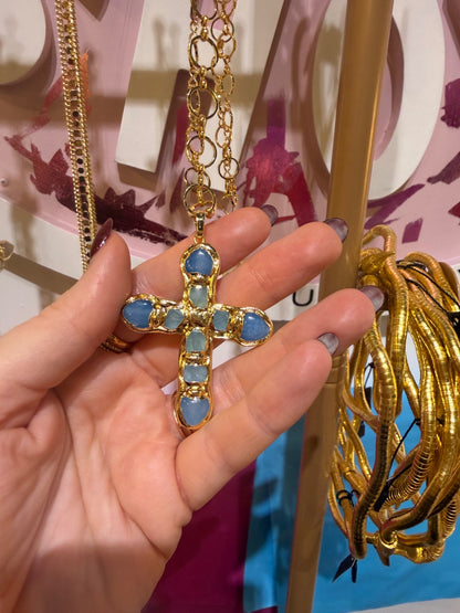Celeste Cross Necklace – Aqua Gemstone & Gold Chain | The Moon Coven