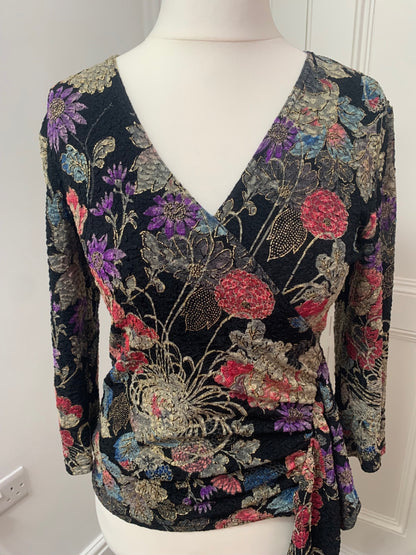 vintage black top with multicoloured flowers 