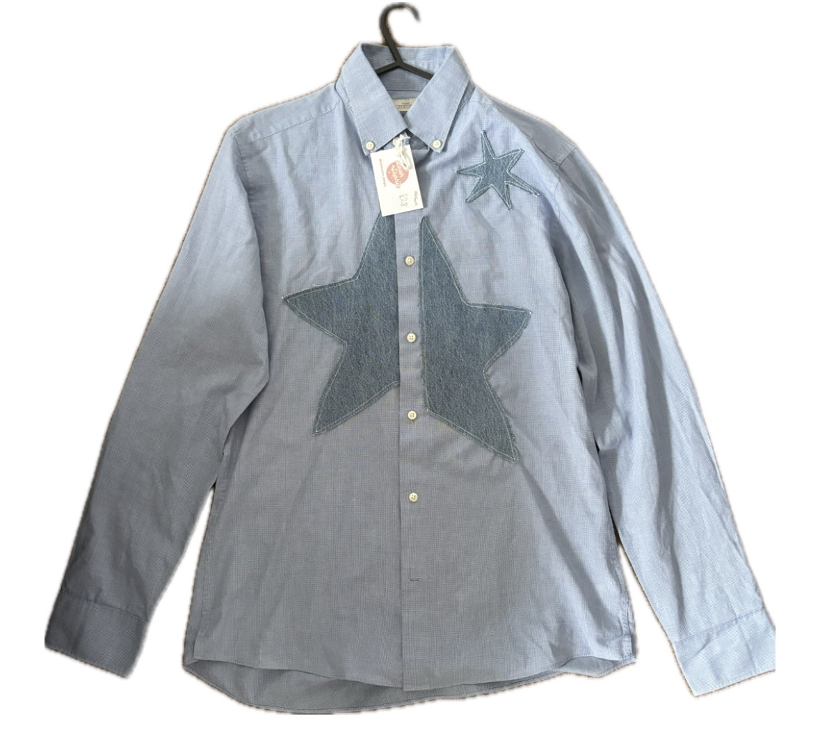 Upcycled Light Blue shirt- split star 
