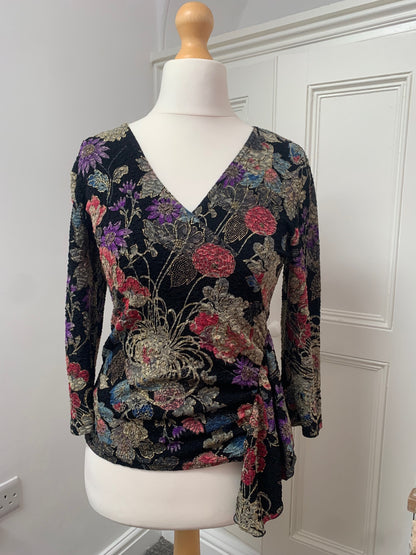 vintage black top with multicoloured flowers 