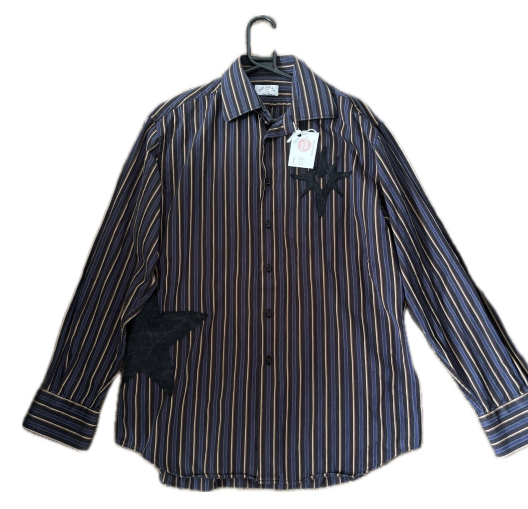 Upcycled Striped Shirt- Black Stars