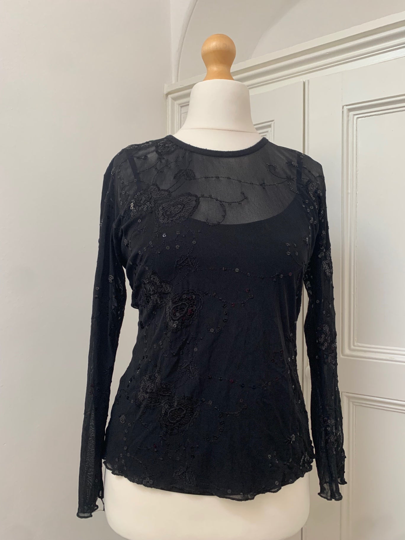 vintage black vest & sequin mesh top