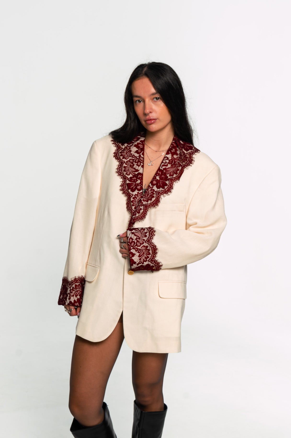 Cream Lace Trimmed Blazer 