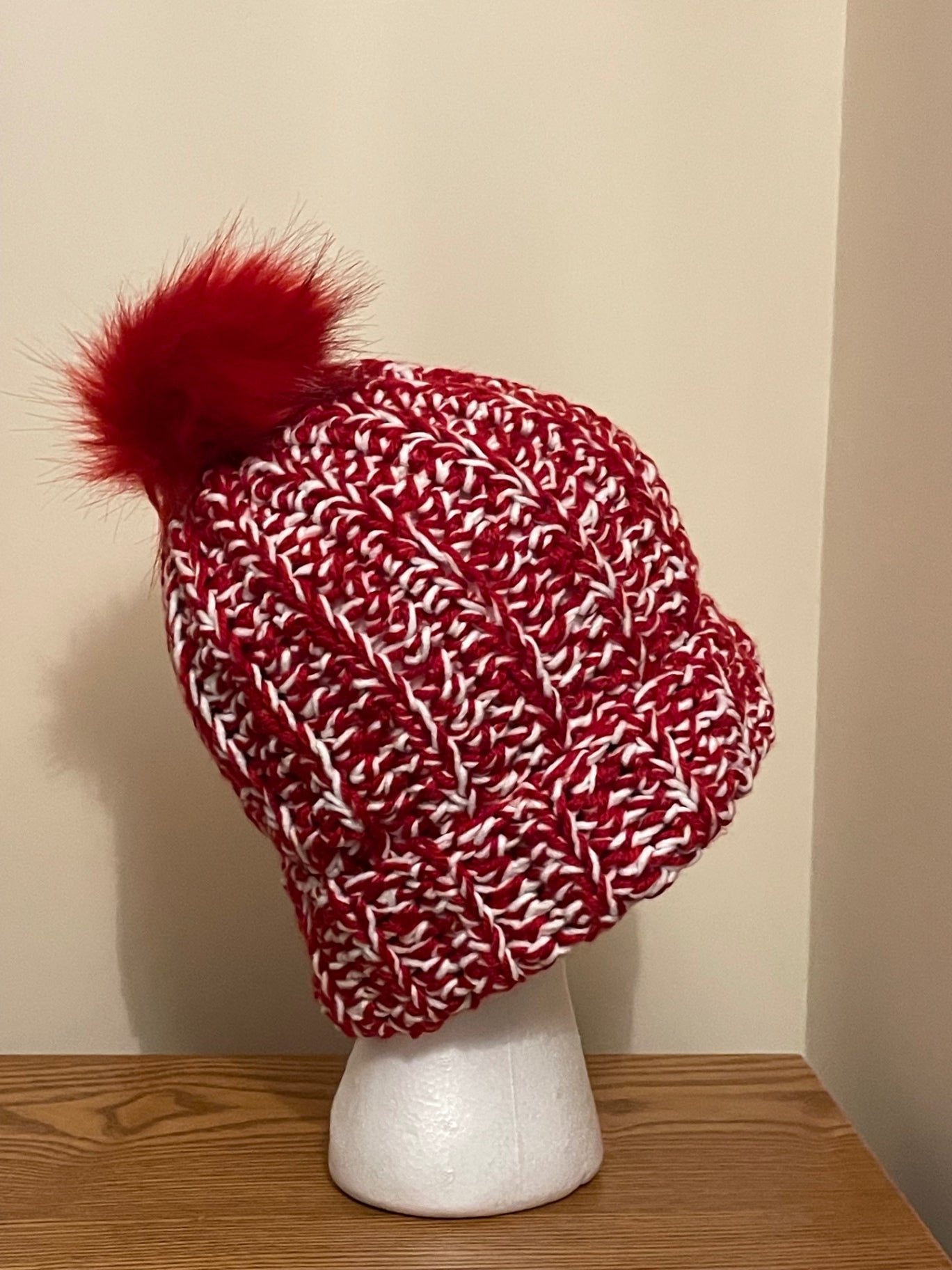 Red white Pom Pom beanie
