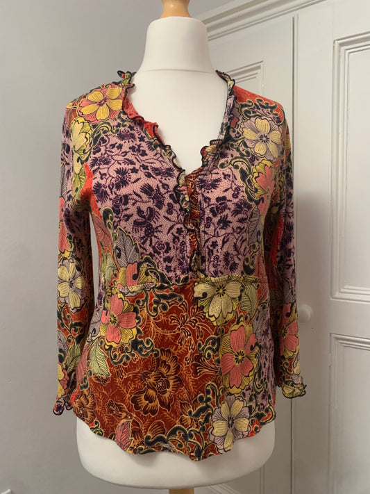 colourful floral ruffle collar top