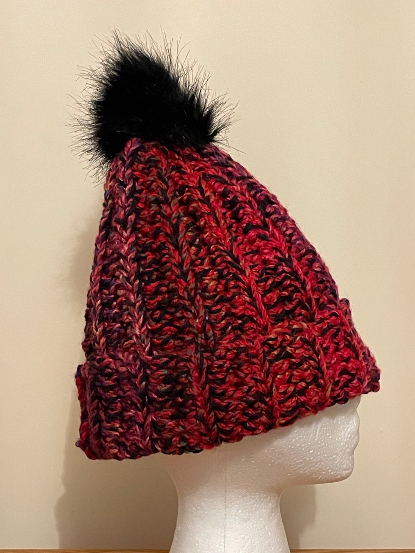 Red black Pom Pom beanie