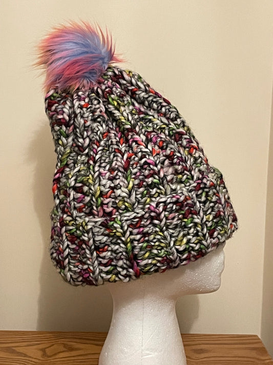 Multicoloured with pink blue pom pom