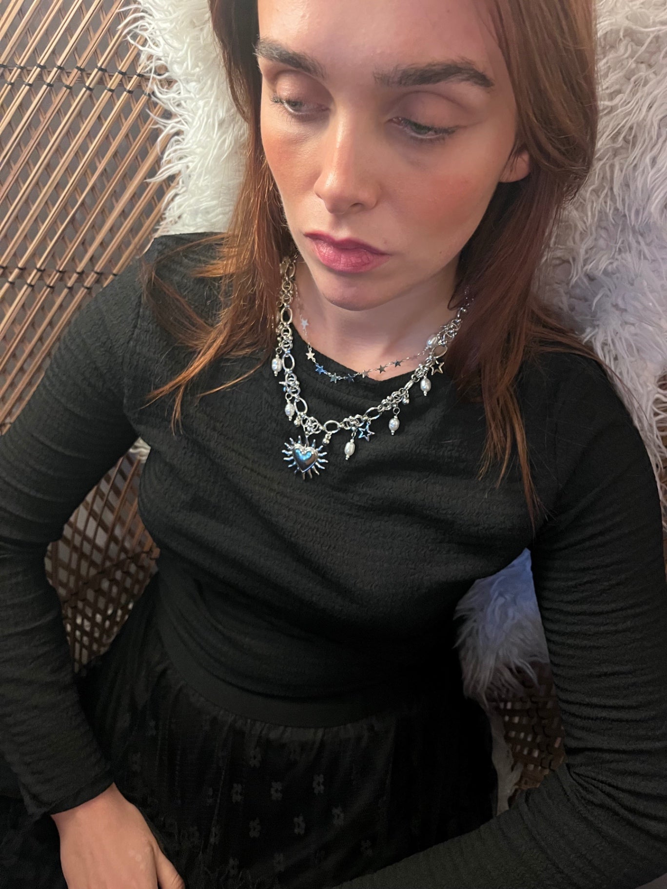 Celestial Heart Necklace — Silver Sun Amulet with Pearls & Star Charms