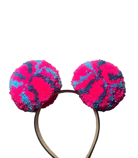 Hot pink an blue striped Pompom Headband