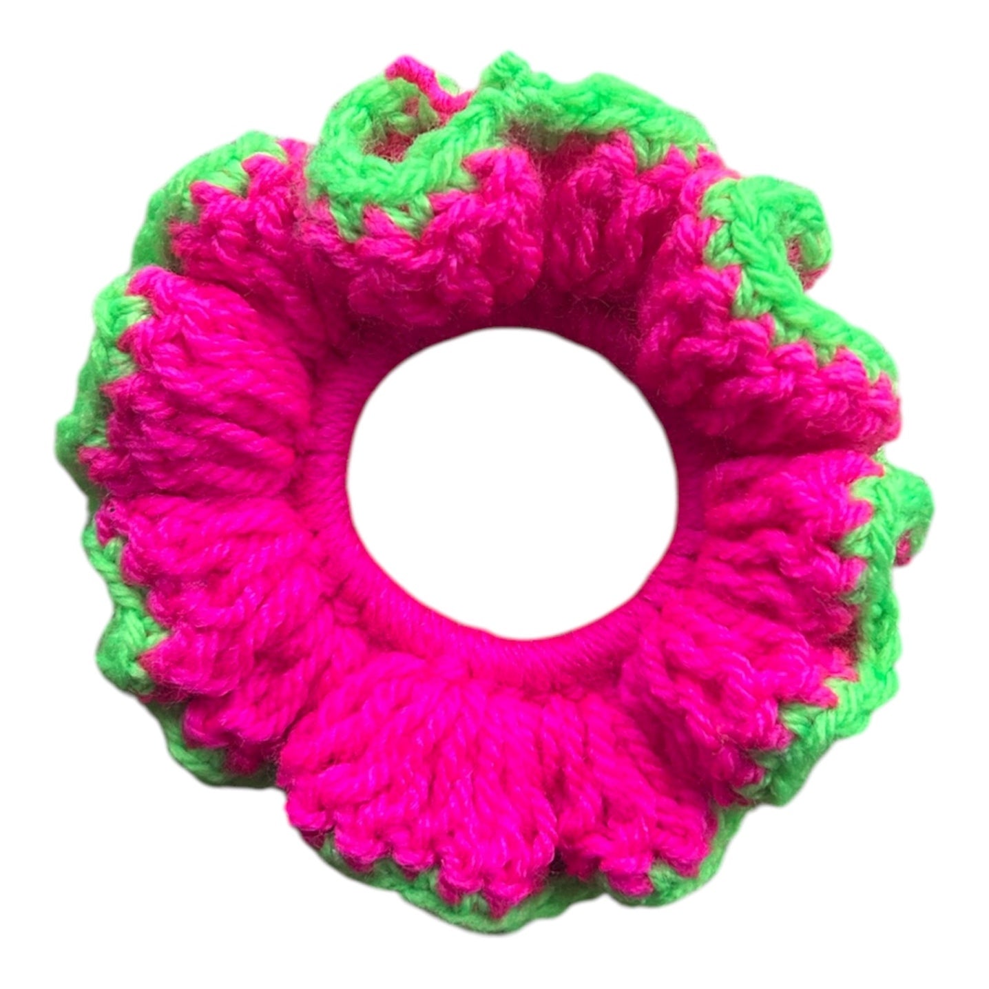 Pink and neon green Crochet scrunchie