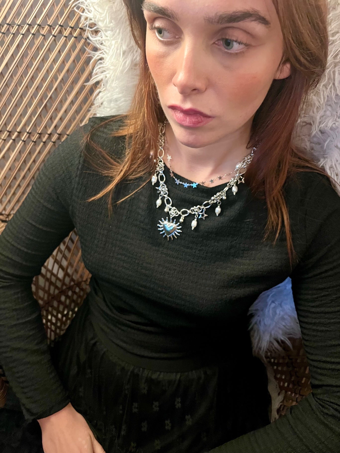 Celestial Heart Necklace — Silver Sun Amulet with Pearls & Star Charms