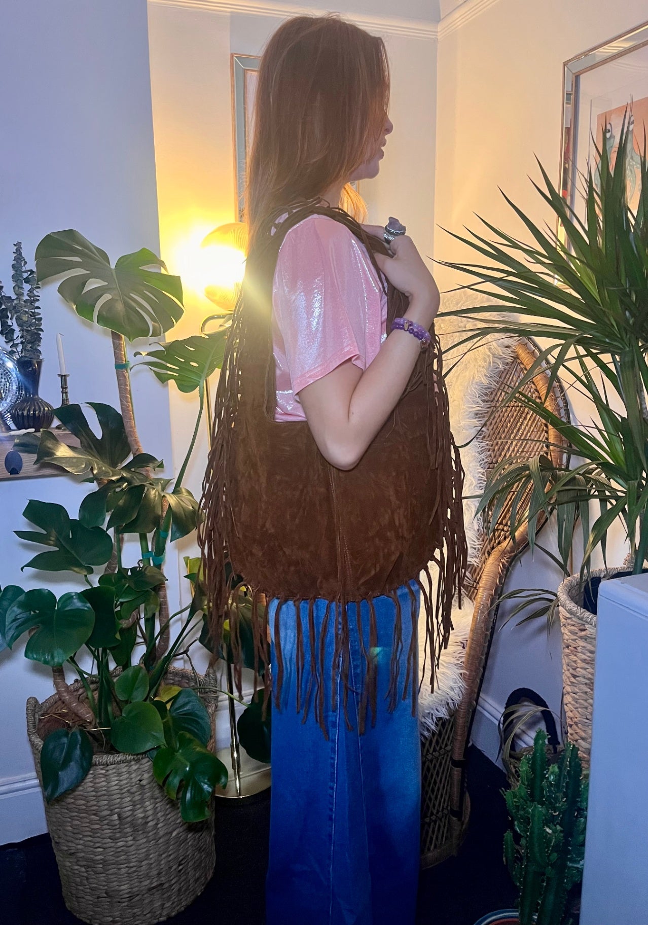 Fringe Moon Bag – Brown Faux Suede
