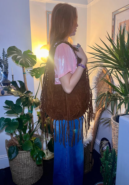 Fringe Moon Bag – Brown Faux Suede