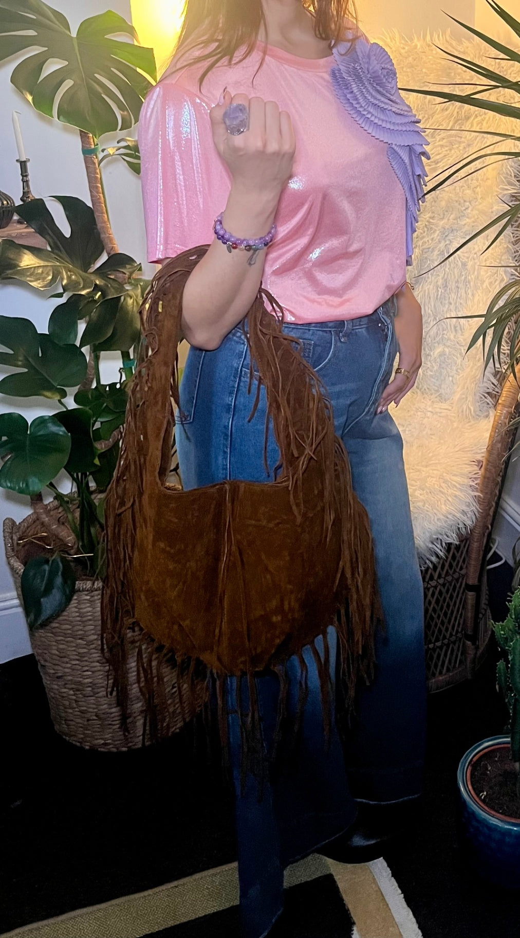 Fringe Moon Bag – Brown Faux Suede