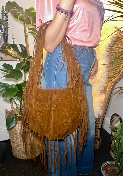 Fringe Moon Bag – Brown Faux Suede
