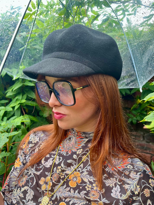 BLACK WOOL BAKER BOY HAT CAP ADJUSTABLE