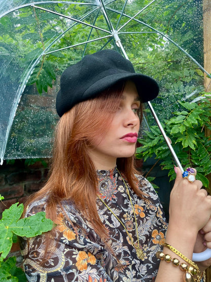 BLACK WOOL BAKER BOY HAT CAP ADJUSTABLE