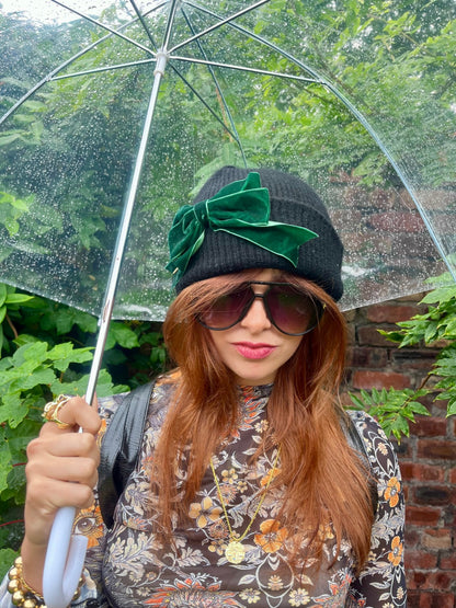 BLACK BEANIE WITH GREEN BOW