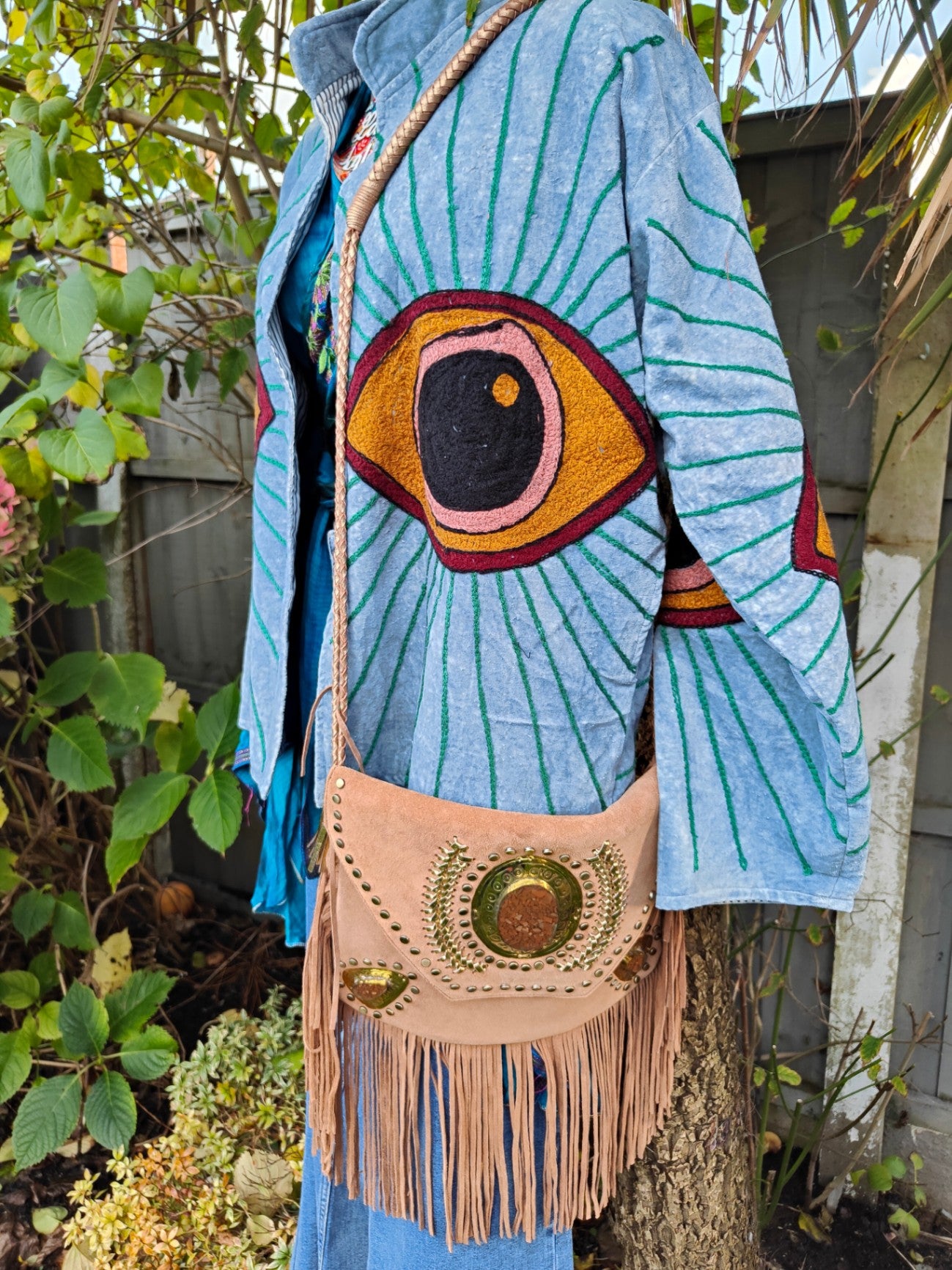 Wanderlust evil eye protection velvet jacket -light blue grey 