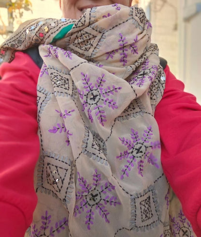 Thassos Embroidered scarf -cream purple trim 