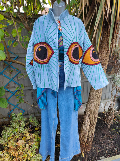 Wanderlust evil eye protection velvet jacket -light blue grey 