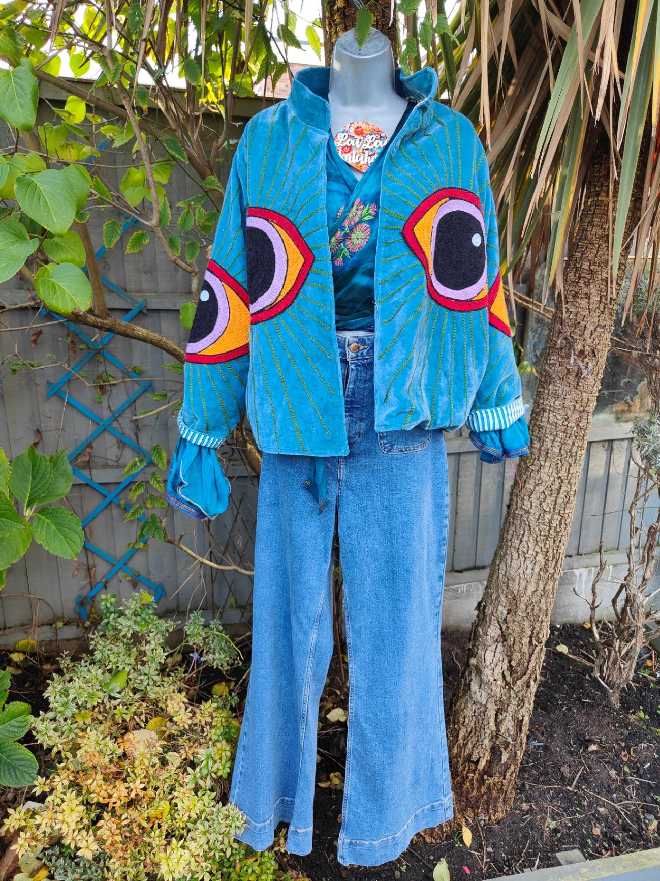 Wanderlust evil eye protection velvet jacket -Blue