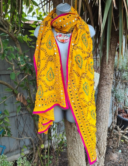 Thassos Embroidered scarf yellow hot pink trim