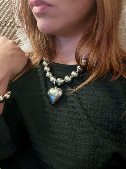 Silver Ball Heart Choker Necklace