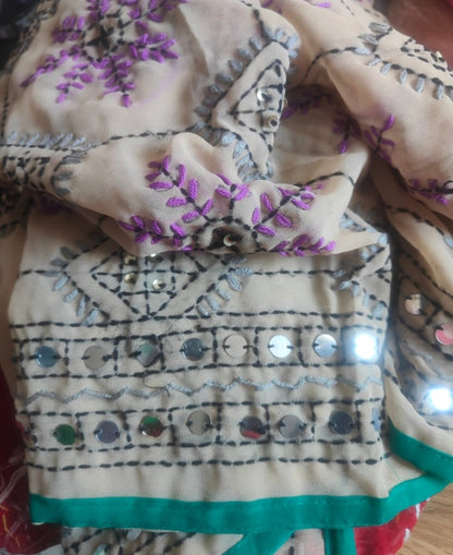 Thassos Embroidered scarf -cream purple trim 