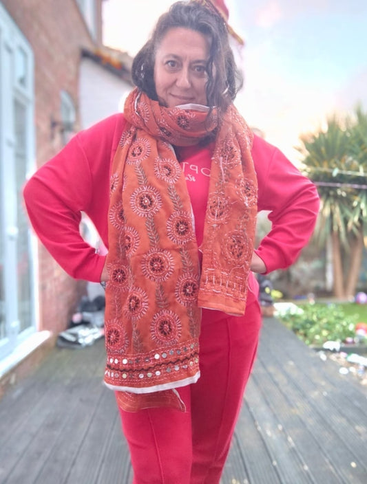 Thassos Embroidered scarf -Tan