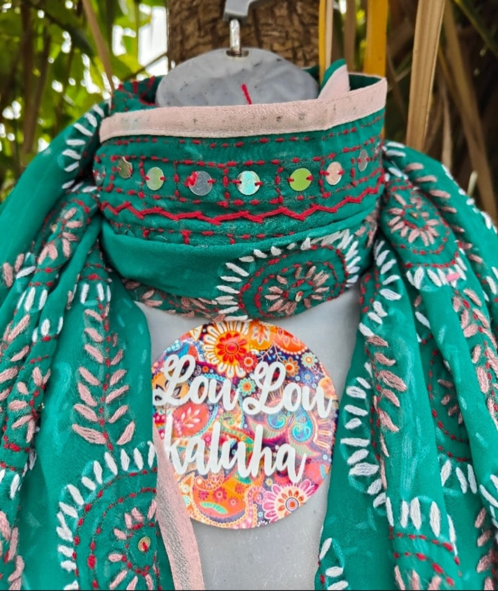 Thassos Embroidered scarf -Jade