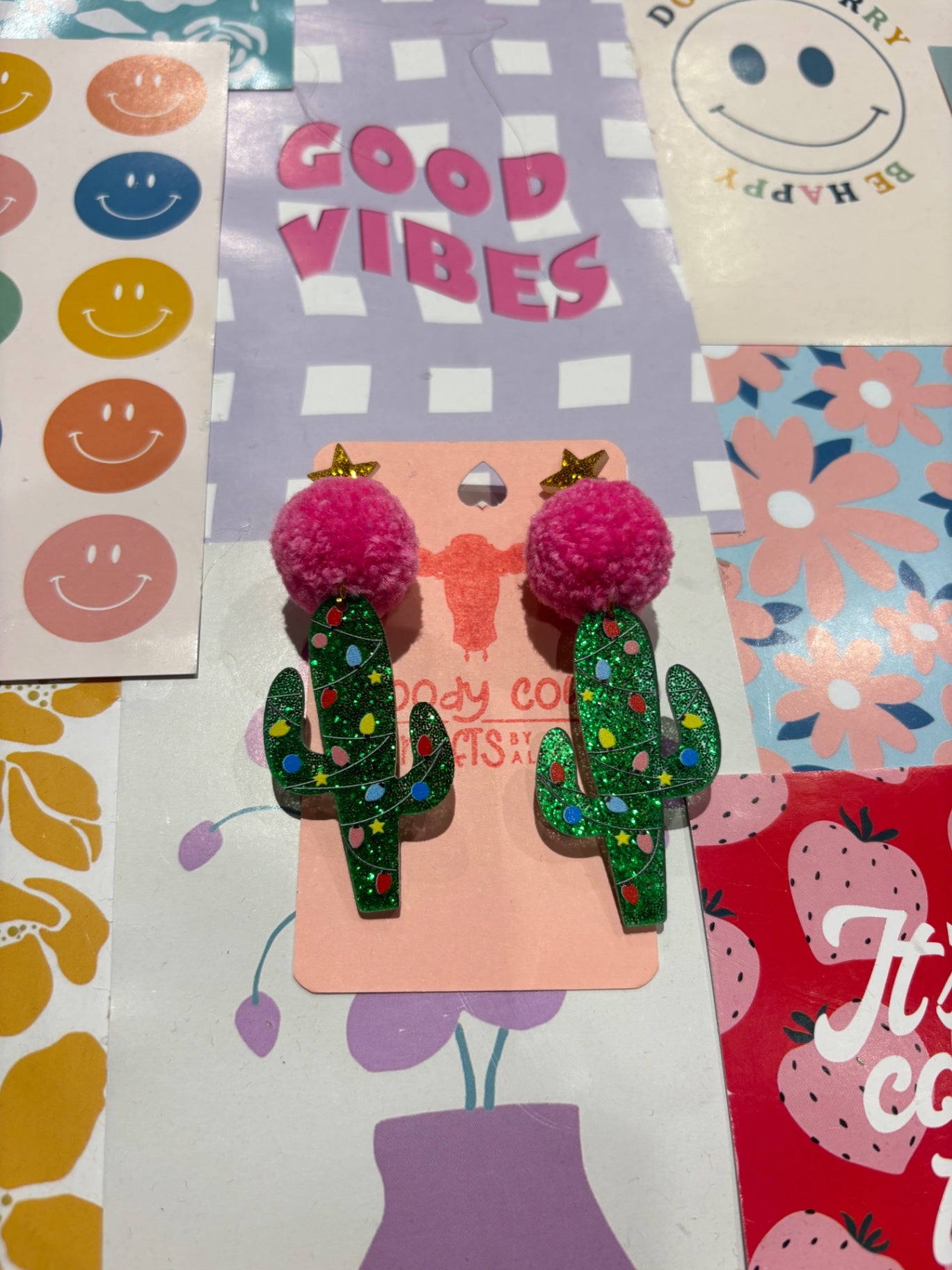 Pink Christmas Cactus Pom Stack Earrings
