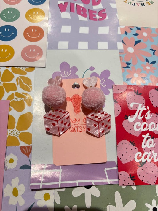 Pink Dice Pom Stack Earrins